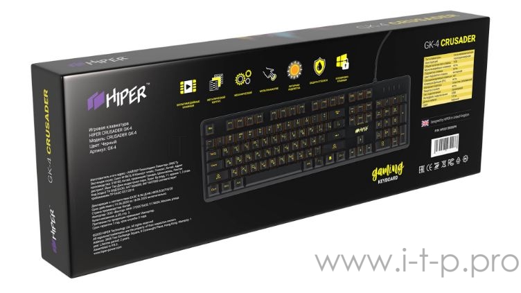 Игровая клавиатура чёрная HIPER GK-4 CRUSIDER (Slim, USB, Xianghu Blue switches, Янтарная подсветка, Влагозащита)
