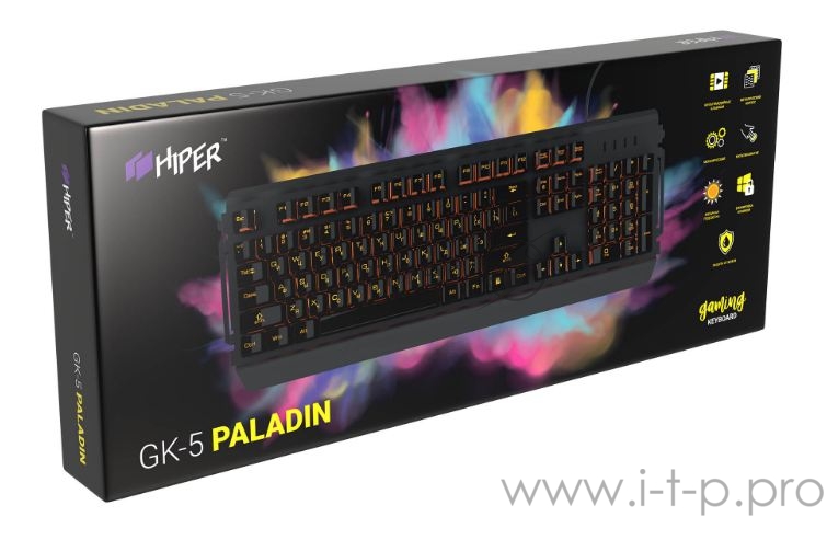 Игровая клавиатура чёрная HIPER GK-5 PALADIN (USB, Xianghu Blue switches, Янтарная подсветка, Влагозащита)