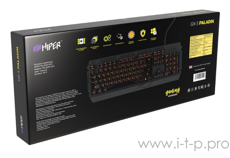 Игровая клавиатура чёрная HIPER GK-5 PALADIN (USB, Xianghu Blue switches, Янтарная подсветка, Влагозащита)