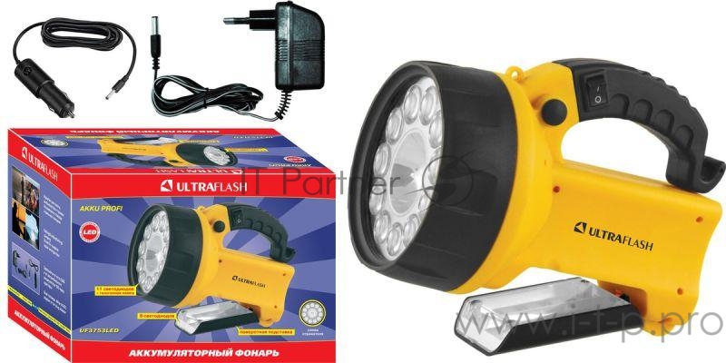 Ultraflash Фонари Ultraflash UF3753LED (фонарь аккум 220В/12В, желтый, 11 LED.+ галог, 4В 2Ач,,пластик, коробка)