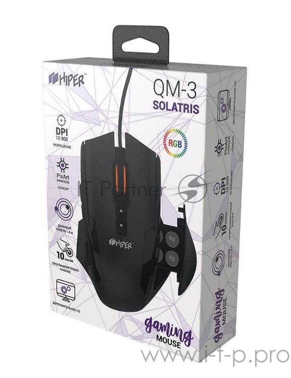 Игровая мышь чёрная HIPER QM-3 SOLATRIS (USB, 12 кнопок, 10800 dpi, PMW3366, OMRON, RGB подсветка, регулировка веса)