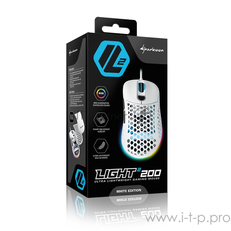 Игровая мышь белая Sharkoon Light2 200 (PixArt PMW 3389, 6 кнопок, 16000 dpi, USB, RGB подсветка)