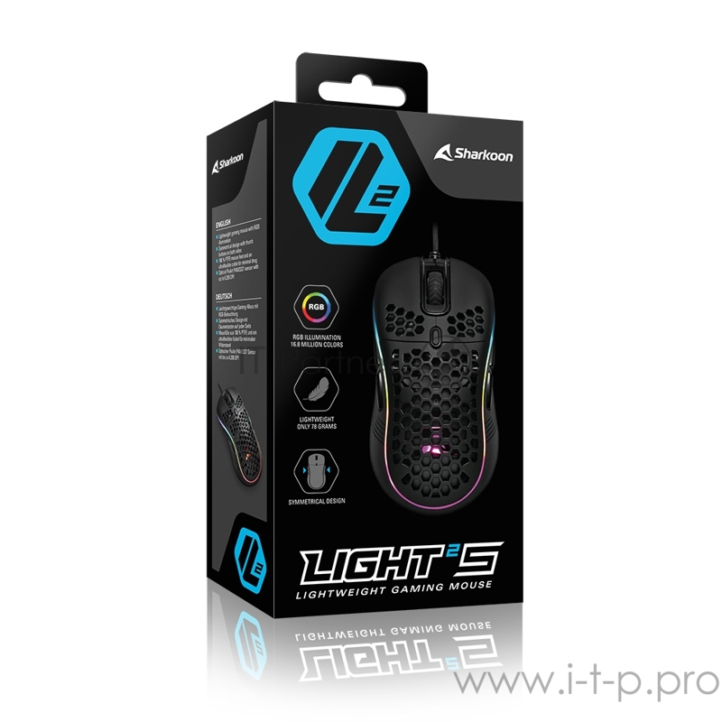 Игровая мышь чёрная Sharkoon Light2 S (PixArt PMW 3327, Omron, 8 кнопок, 6200 dpi, USB, RGB подсветка)