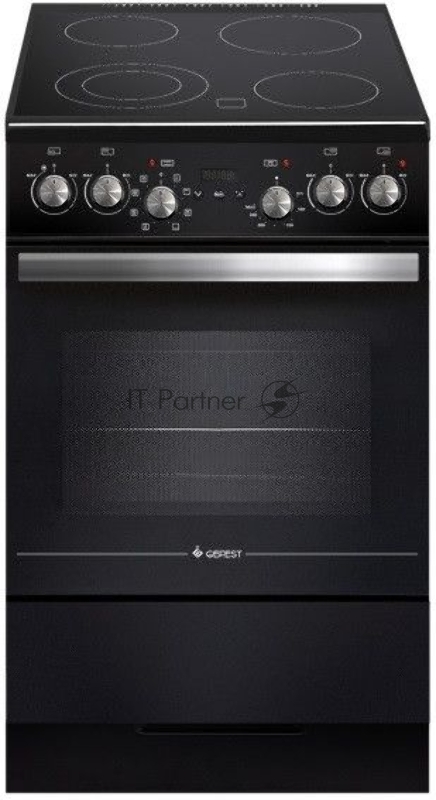 Электрическая плита Gefest 5560-03 0158, Стеклокерамическая варочная поверхность, двухзонная конфорка, таймер электронный, электрогриль, турбо-гриль, конвекция, вертел с электроприводом, шашлычница, утапливаемые ручки управления, одинарная подсветка