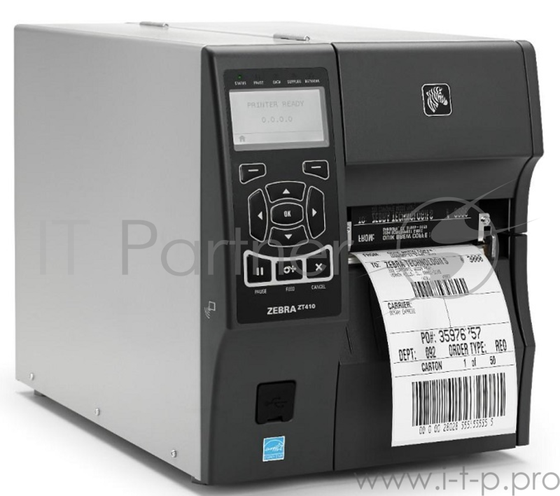 Термотрансферный принтер Zebra ZT410, для печати этикеток, 104мм, чёрный (COM, USB, LAN, Bluetooth)
