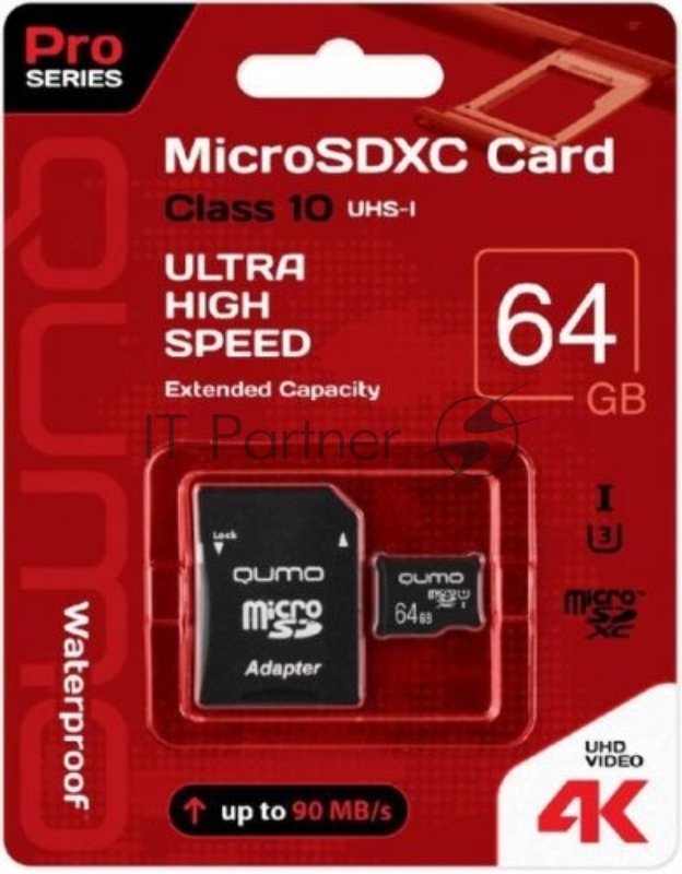 Карта памяти QUMO MicroSDXC 64GB Сlass 10 UHS-I ,3.0 без адаптера SD, черно-красная картонная упаковка (QM64GMICSDXC10U1NA)