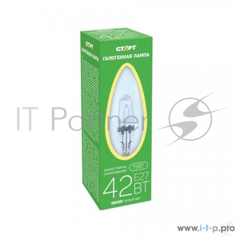 Галогенные лампы накаливания СТАРТ (4607175857666) Галогенная лампа. Теплый свет. Колба - свеча. ГЛН ДС 42Вт Е27 /40