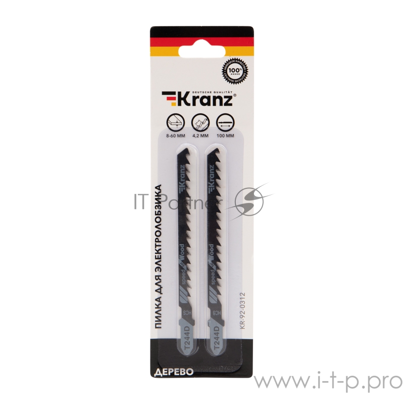 Пилка для электролобзика по дереву KRANZ T244D 100 мм 6 зубьев на дюйм 8-60 мм фигурный рез (2 шт./уп.)