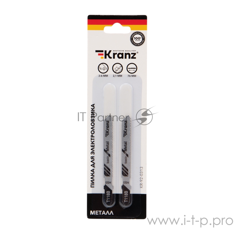 Пилка для электролобзика по металлу KRANZ T118B 76 мм 12 зубьев на дюйм 3-6 мм (2 шт./уп.)