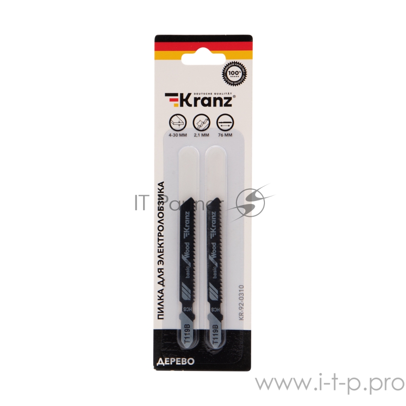 Пилка для электролобзика по дереву KRANZ T119B 76 мм 12 зубьев на дюйм 4-30 мм (2 шт./уп.)