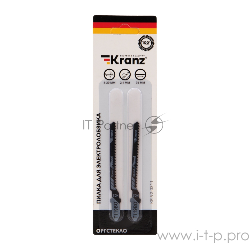 Пилка для электролобзика по оргстеклу KRANZ T119BO 76 мм 12 зубьев на дюйм 4-20 мм фигурный рез (2 шт./уп.)