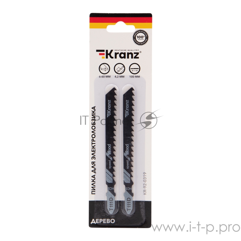 Пилка для электролобзика по дереву KRANZ T111D 100 мм 6 зубьев на дюйм 6-60 мм (2 шт./уп.)