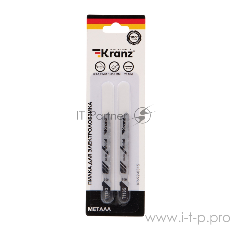 Пилка для электролобзика по металлу KRANZ T118G 76 мм 25 зубьев на дюйм 0,9-1,2 мм (2 шт./уп.)