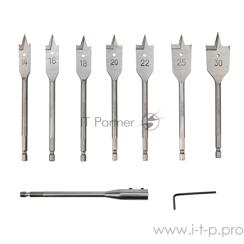 Набор сверл перовых по дереву 9 предметов: 14-16-18-20-22-25-30х152 мм, удлинитель, ключ угловой REXANT