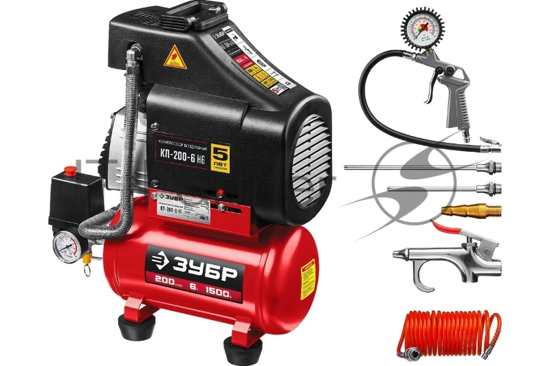 Компрессор Зубр воздушный безмасляный с набором аксессуаров, 200 л/мин, 6 л, 1500 Вт, КП-200-6 Н6