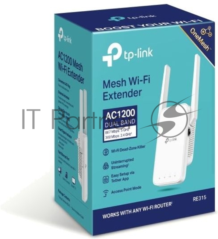 RE315 AC1200 OneMesh усилитель Wi-Fi сигнала, два диапазона Wi-Fi, две внешние антенны, 1 порт 10/100 Мбит/с