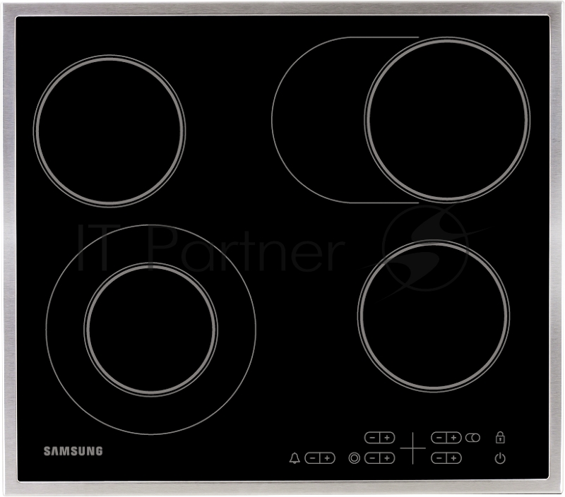 Встраиваемая электрическая панель Samsung NZ64T3516CK/WT, 575x505x55 мм, стеклокерамика, 4 конфорки, рамка - нержавеющая сталь,сенсорное управление, светодиодный LED-дисплей, защита от детей, черный цвет