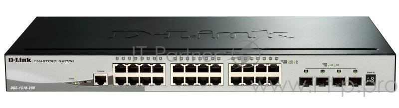 Сетевое оборудование D-Link DGS-1510-28XMP/A1A PROJ Управляемый стекируемый коммутатор SmartPro с 24 портами 10/100/1000Base-T с поддержкой РоЕ и 4 портами 10G Base-X SFP+