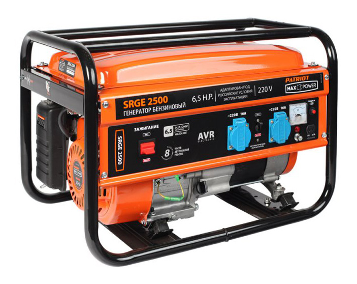 Генераторы Генератор бензиновый PATRIOT Max Power SRGE 2500 474103130 {Двигатель: 4т, OHV, АИ-92, 196 сс, 6.5 л.с Мощность ном/макс: 2.0/2.2 кВт Объём бака: 15 л Розетки: 2 евро 16А Вес: 36 кг}