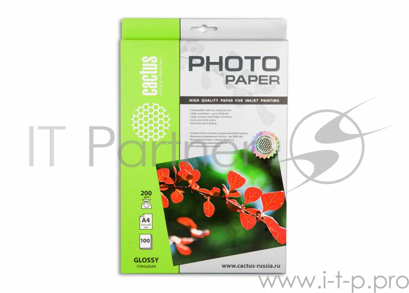 Бумага CS-GA4200100 Фотобумага Cactus CS-GA4200100 глянцевая, А4, 200 г/м2, 100 листов