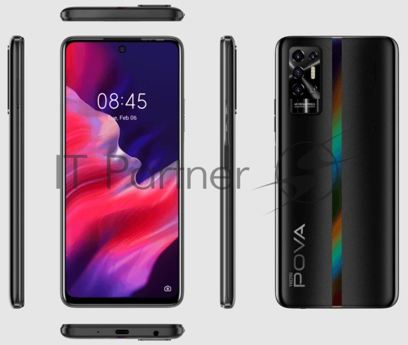 Смартфон Tecno LE7n POVA 2 64 Dazzle Black, 6.9 Asahi Glass, 20:9, 2460 x 1080 Mpix, 2.0GHz x2+ 1,8GHz x6, 8 Core, 4GB RAM, 64GB, up to 256GB flash, 48Мп+2Мп+2Мп+0.08Мп/8Мп, 2 Sim, 4G, BT v5.0, WiFi 802.11 b/g/n, NFC, GPS/AGPS, GLONASS, Type-C, 7000m