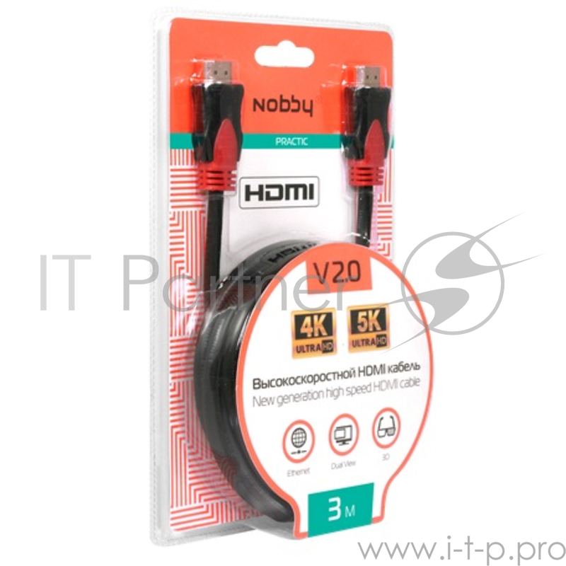 Кабель Nobby Кабель NBP-HC-30-01 HDMI-HDMI v2.0, 3м, 14,4 Гбит/с, 60Гц, высокоскоростной, позолоченный, комбинированный коннектор (11011)