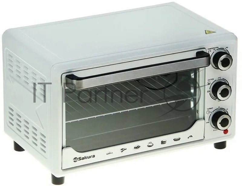 Мини-печь SAKURA SA-7000WP 27л, духовка 1500Вт, механ.управление, 3 режима работы духовки (верх, низ, верх+низ), таймер на 60 минут, регулировка температуры духовки, комплектация - металлическая решетка, противень, круглая форма для выпечки (230x50мм