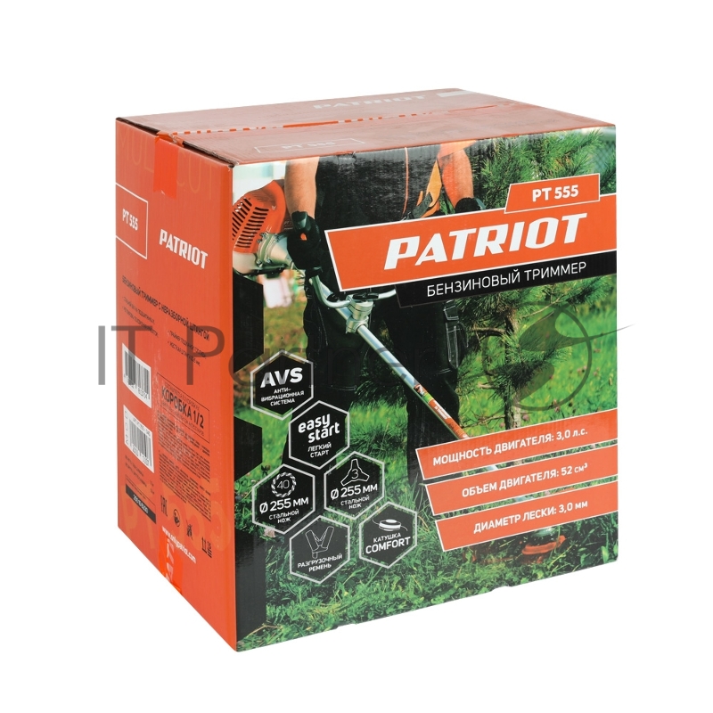 Электро и Бензокосы, Триммеры Бензотриммер PATRIOT PT 555 (1+1) 250106230 {раб. объем 52сс, 3.0 л.с., в комплекте полуавтоматическая катушка Comfort с быстрой заправкой, 3-х лопастной и 40-зубовый диск - диам.диска 25.5см, леска