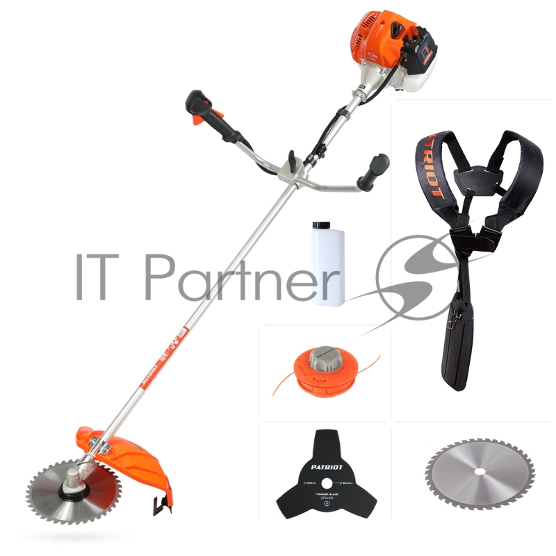 Электро и Бензокосы, Триммеры Бензотриммер PATRIOT PT 555 (1+1) 250106230 {раб. объем 52сс, 3.0 л.с., в комплекте полуавтоматическая катушка Comfort с быстрой заправкой, 3-х лопастной и 40-зубовый диск - диам.диска 25.5см, леска