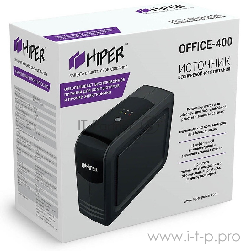 ИБП HIPER OFFICE-400, 400ВА(240Вт), 3 розетки Schuko, USB-порт, чёрный