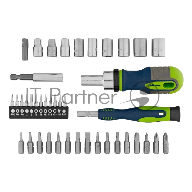 Отвертки СИБРТЕХ реверсивные с набором бит и торцевыми головками, 41 шт 13338