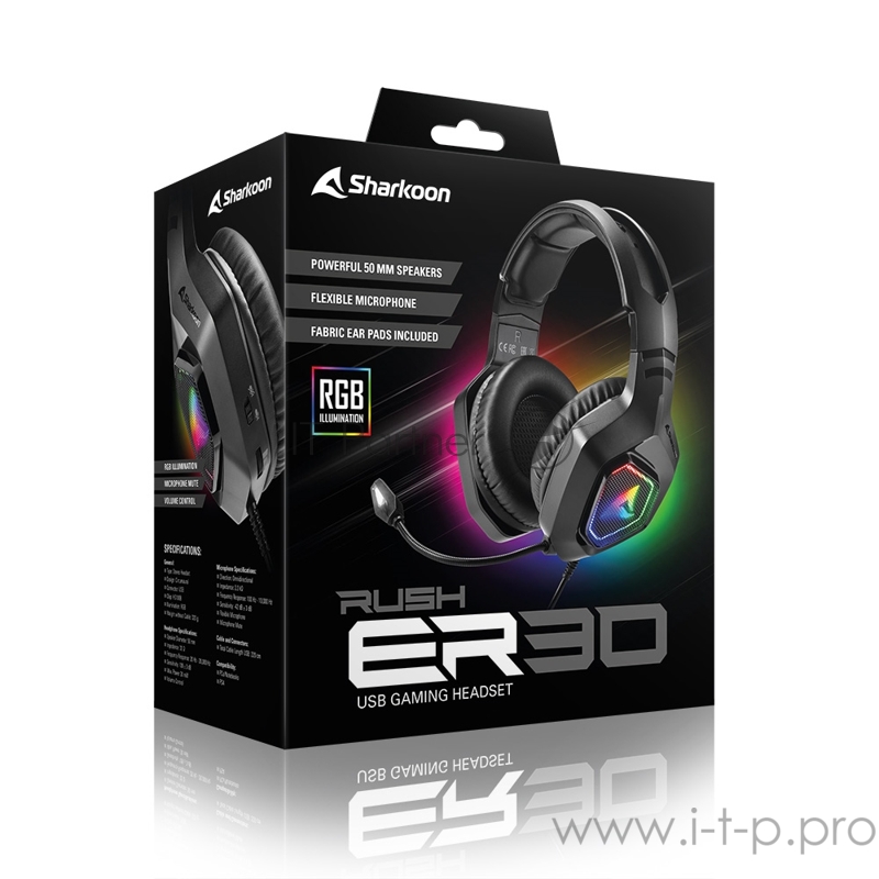 Sharkoon Rush ER30 Игровая гарнитура чёрная (RGB подсветка, USB, 50 мм, ПУ)