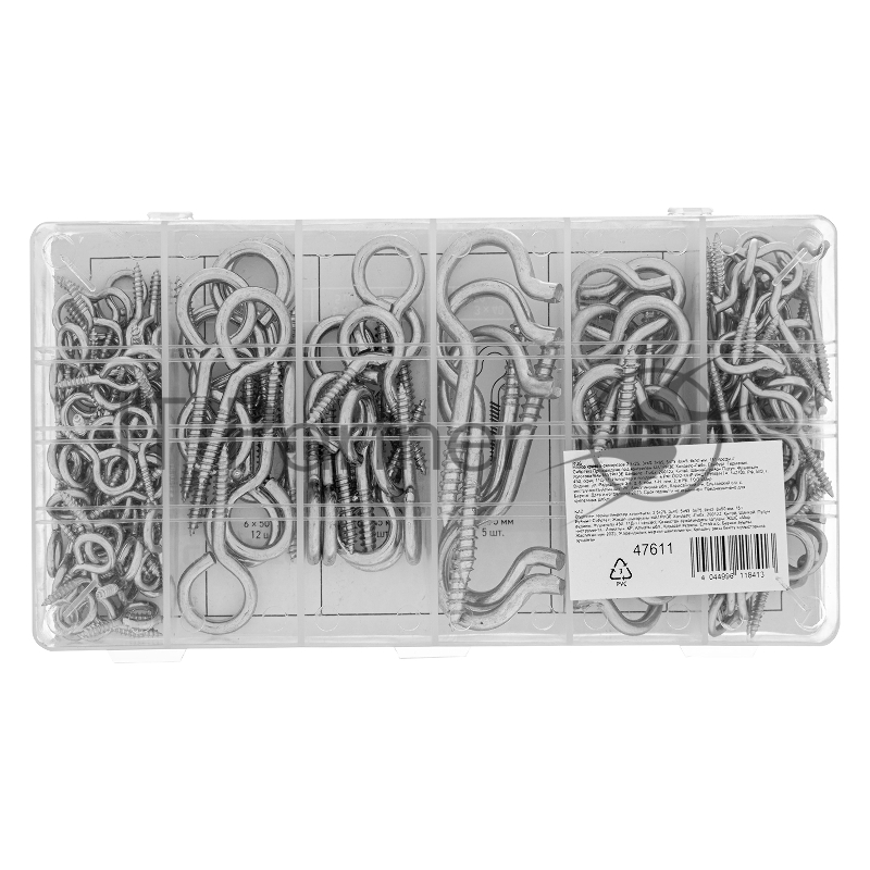 Набор крюков-саморезов СИБРТЕХ 2,5x25, 3x40, 5x65, 5x75, 6x45, 6x50 мм, 151 предм.// СИБРТЕХ 47611