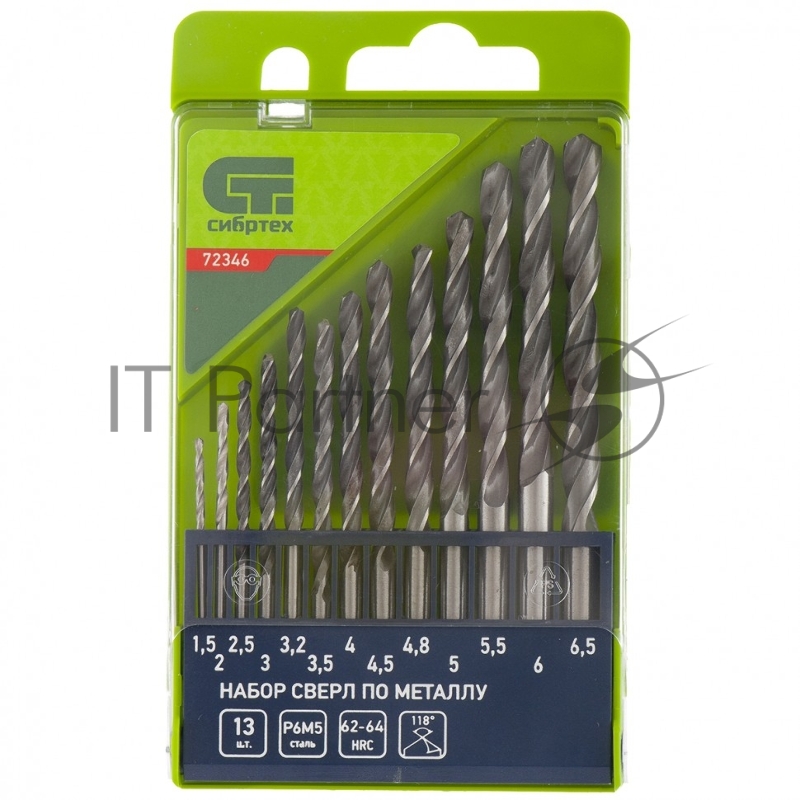 Набор сверл по металлу СИБРТЕХ , 1,5 - 6,5 мм 13 шт 72346