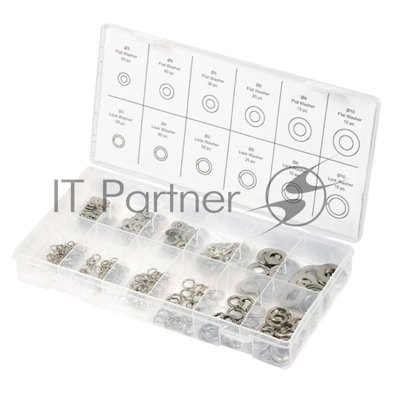 Набор шайб и гроверов СИБРТЕХ , D ш.: 3, 4, 5, 6, 8, 10 мм, D г.: 3, 4, 5, 6, 8, 10 мм, 350 предм.// СИБРТЕХ 47614