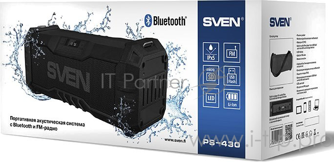 Колонки SVEN PS-430, черный (15 Вт, Waterproof (IPx5),Bluetooth, FM, USB, microSD, LED-дисплей, 2000мА*ч)