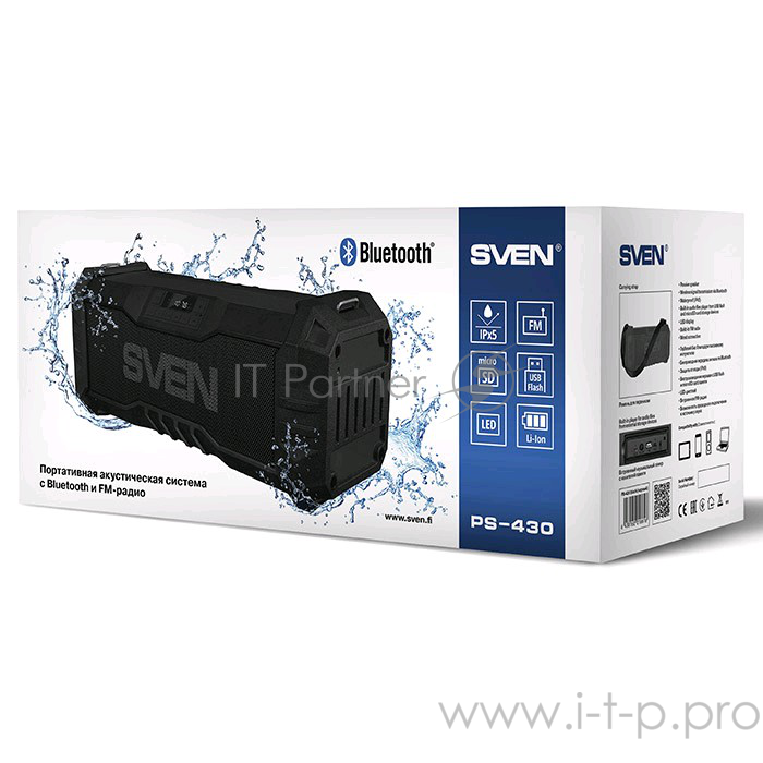 Колонки SVEN PS-430, черный (15 Вт, Waterproof (IPx5),Bluetooth, FM, USB, microSD, LED-дисплей, 2000мА*ч)