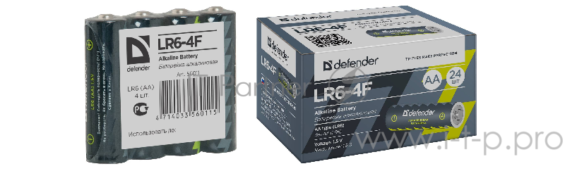 Батарейка Defender алкалиновая (AA) LR6-4F AA, в пленке 4шт