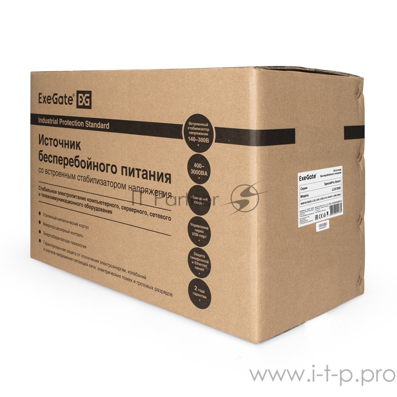 ИБП ExeGate EP287660RUS SpecialPro Smart LLB-3000.LCD.AVR.EURO.RJ.USB <3000VA/1800W, LCD, AVR, 4 евророзетки, RJ45/11, USB, Black>
