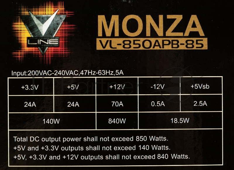 Блок питания Formula ATX 850W MONZA VL-850APB-85 80+ bronze (24+4+4pin) APFC 120mm fan 7xSATA RTL