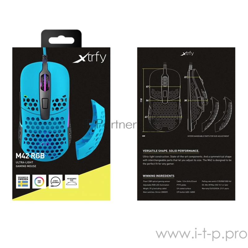 Игровая мышь Xtrfy M42 голубая (5 кнопок, OMRON, Pixart 3389, 16000 dpi, RGB подсветка, USB)
