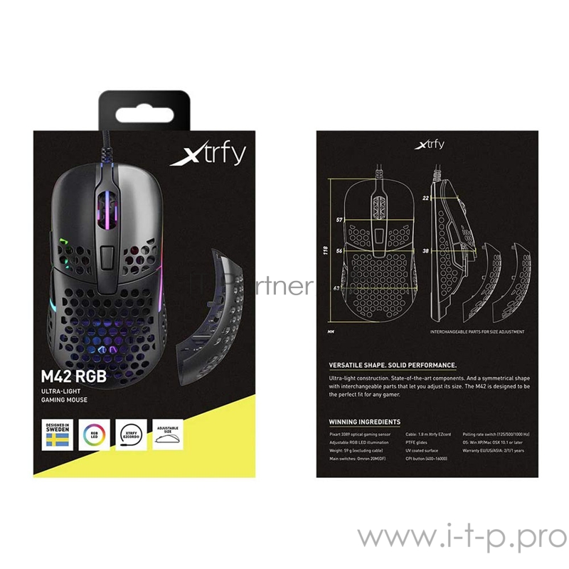 Игровая мышь чёрная Xtrfy M42 (5 кнопок, OMRON, Pixart 3389, 16000 dpi, RGB подсветка, USB)