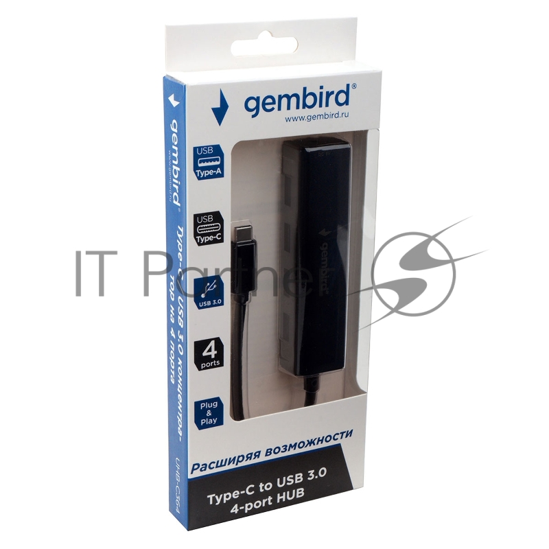 Концентратор USB 3.0 Gembird UHB-C364, 4 порта, Type-C, с доп питанием