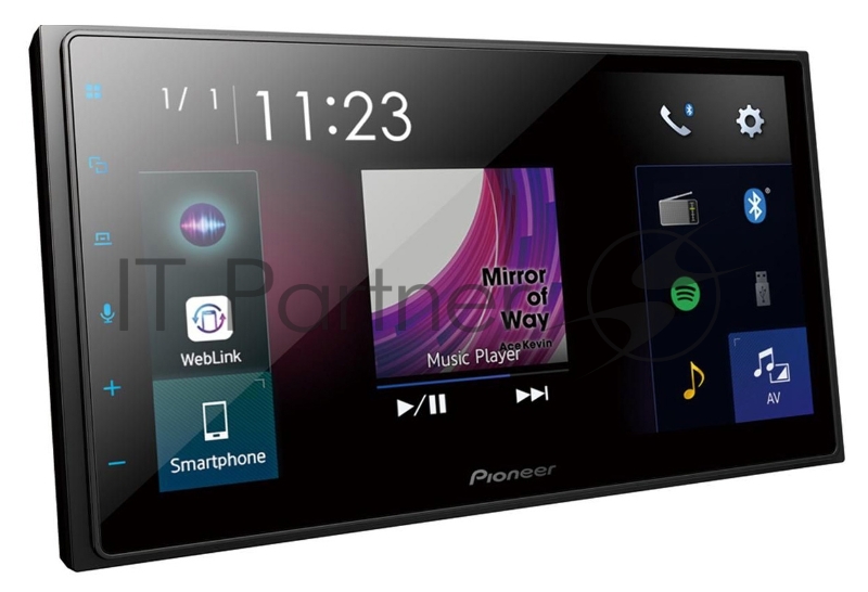 Мультимедийный проигрыватель размера 2-DIN с емкостным сенсорным экраном диагональю 6,8 дюйма обеспечивает простое подключение смартфона по обычному USB-кабелю и поддерживает совместимые приложения, в том числе Apple CarPlay, Android Auto и WebLink,