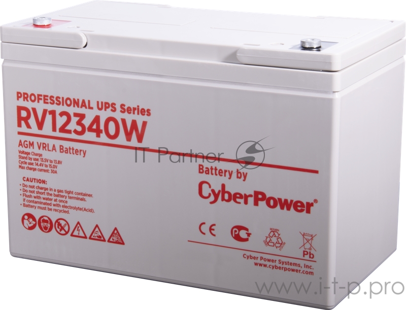Аккумуляторная батарея PS UPS CyberPower RV 12340W / 12 В 93 Ач Battery CyberPower Professional UPS series RV 12340W, voltage 12V, capacity (discharge 20 h) 96.4Ah, capacity (discharge 10 h) 92.7Ah, max. discharge current (5 sec) 1180A, max. charge c