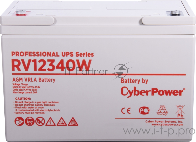 Аккумуляторная батарея PS UPS CyberPower RV 12340W / 12 В 93 Ач Battery CyberPower Professional UPS series RV 12340W, voltage 12V, capacity (discharge 20 h) 96.4Ah, capacity (discharge 10 h) 92.7Ah, max. discharge current (5 sec) 1180A, max. charge c
