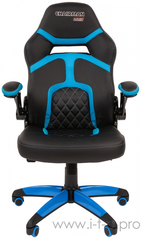 Игровое кресло Chairman game 18 чёрное/голубое (Экокожа/Ткань TW, пластик, газпатрон 3 кл, ролики, механизм качания)