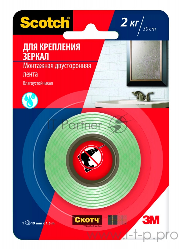 Клейкая лента монтажная 3M Scotch 40031915 7100094885 белая шир.19мм дл.1.5м для зеркал (упак.:12шт)