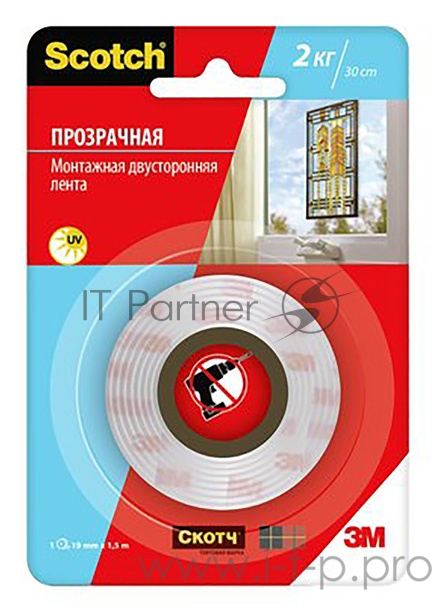 Клейкая лента монтажная 3M Scotch 40041915 7100094887 прозрачная шир.19мм дл.1.5м