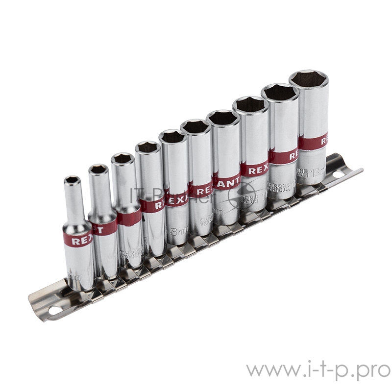 Набор удлиненных торцевых головок REXANT 1/4, шестигранные, CrV, 10 шт., 4-13 мм